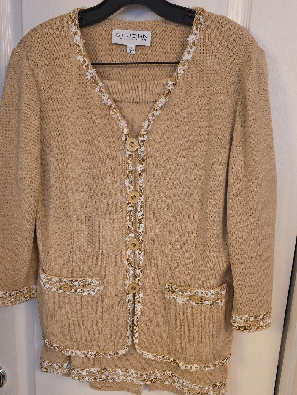 St. John Beige Knit Skirt Suit with Braided Trim